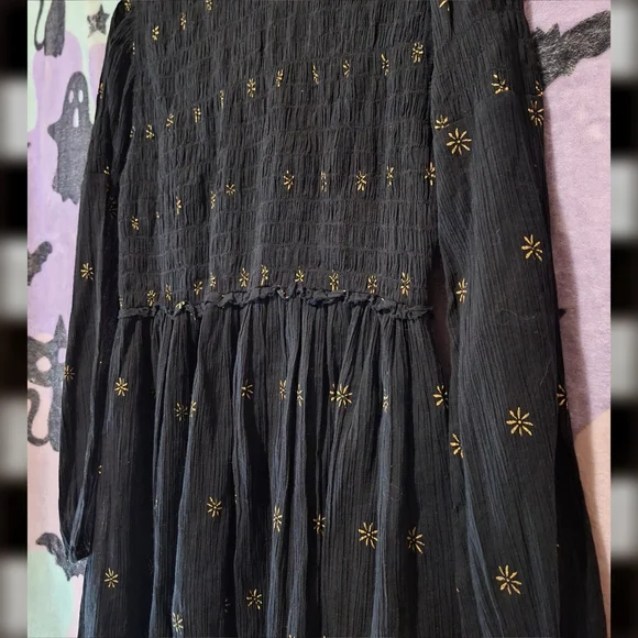Free People Witchy Black Mini Dress 🖤 Gold Star Print, Bell Tassel - Small - Picture 5 of 5